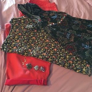 Capris and two tops. 3 rings and 1 pair of earrings